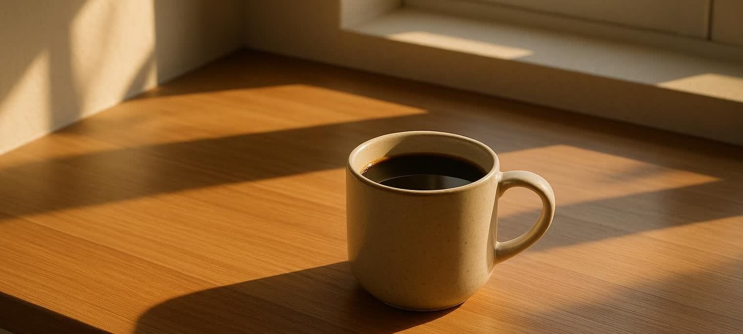 A tan coffee mug filled with dark coffee sits on a light wooden countertop, illuminated by warm morning sunlight streaming in from a window, creating long shadows.