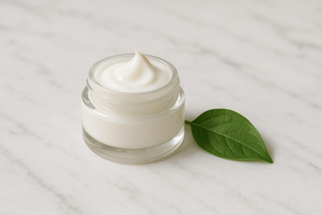 A clear glass jar of white, creamy tallow balm with a peak of product on top, beside a vibrant green leaf, all resting on a white marble surface.