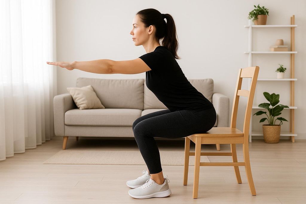 A side view of a woman with dark hair pulled back in a ponytail, wearing a black t-shirt and dark leggings, performing a chair squat in a living room. Her arms are extended forward for balance, and she is positioned just above a wooden chair. A beige sofa and white shelving unit with plants are visible in the background.