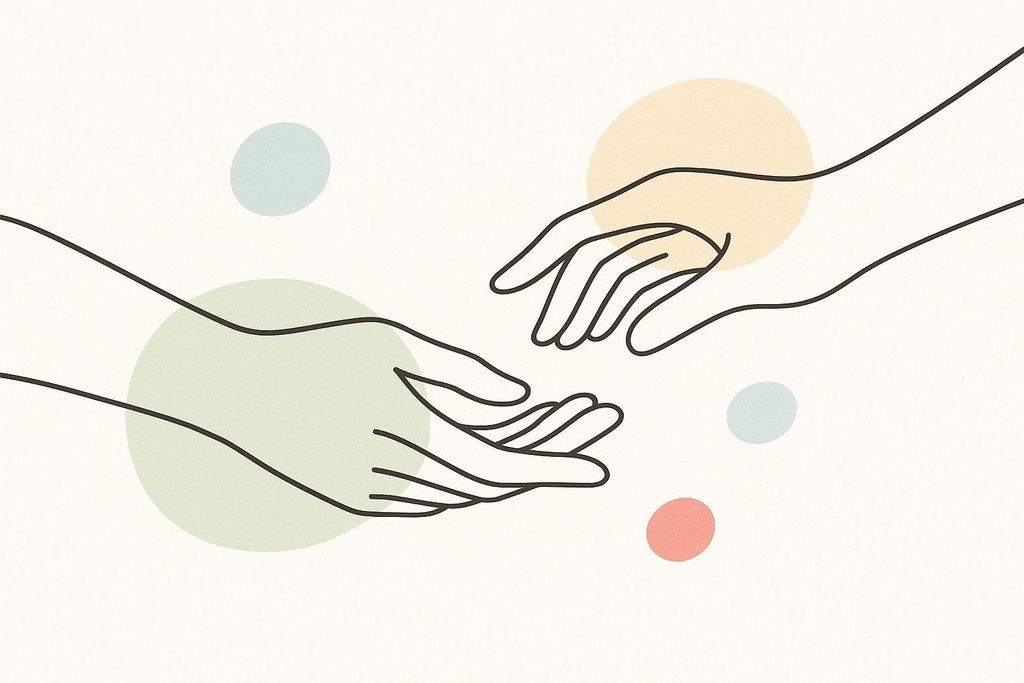 A minimalist line art illustration shows two hands reaching towards each other, symbolizing support and connection. The hands are outlined in black with no fill, set against a light background with soft, pastel-colored circles (peach, light green, light blue, and pink) in the background.