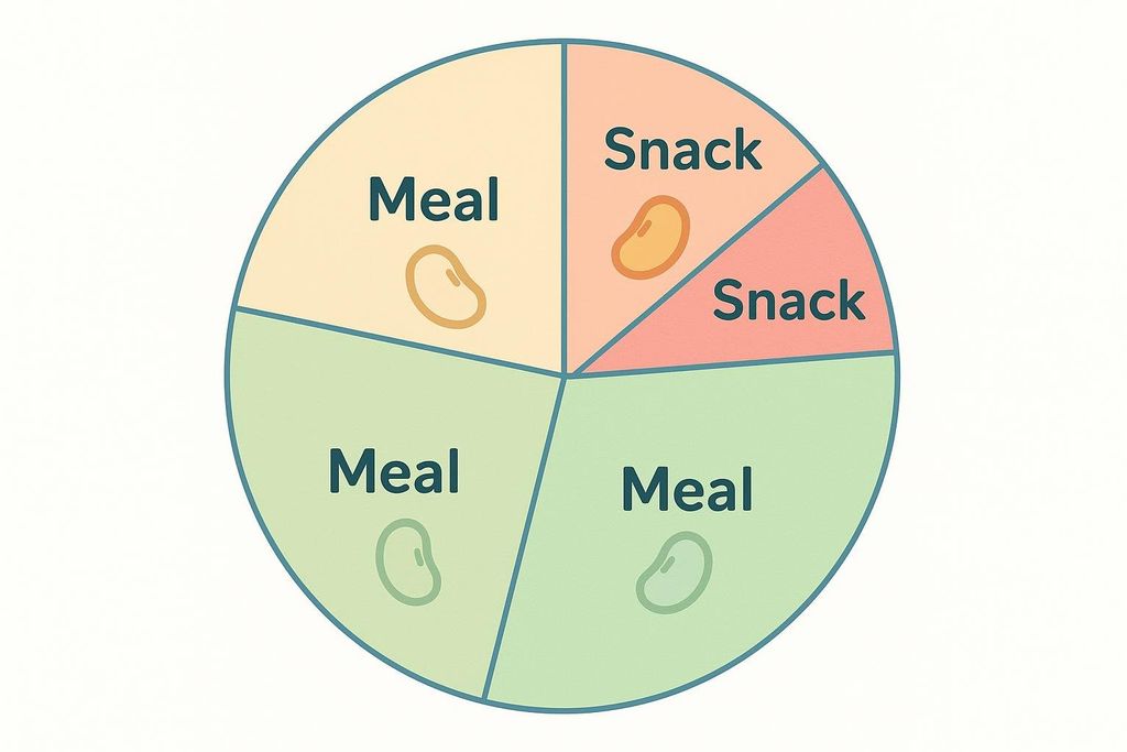 A simple chart showing how daily protein intake can be split into three meals and two snacks, each with a bean icon.