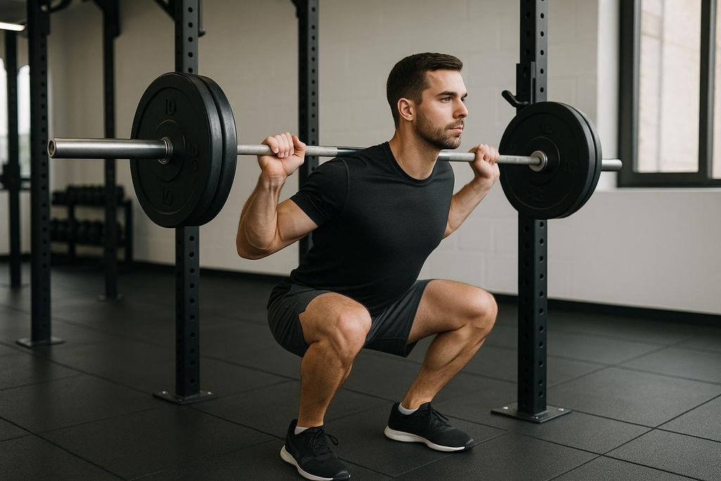 A man in a black t-shirt and grey shorts performs a barbell back squat with good form in a gym, demonstrating a compound lift.