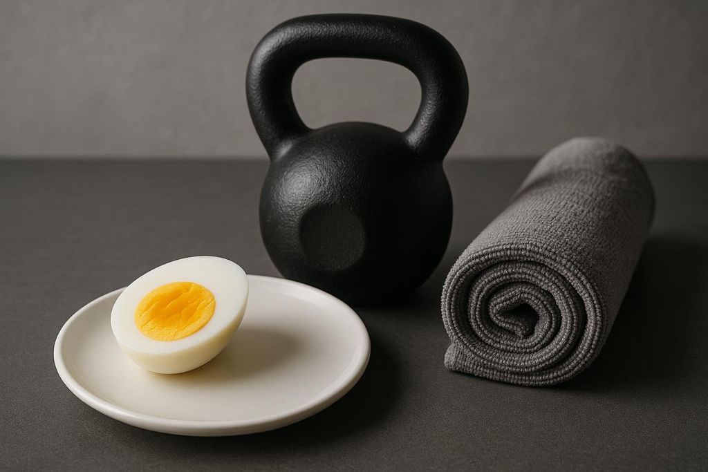 A hard-boiled egg, halved to show its bright yellow yolk, sits on a white plate next to a black kettlebell. A gray rolled-up gym towel is visible on the right. All items are on a dark gray surface with a darker gray background.