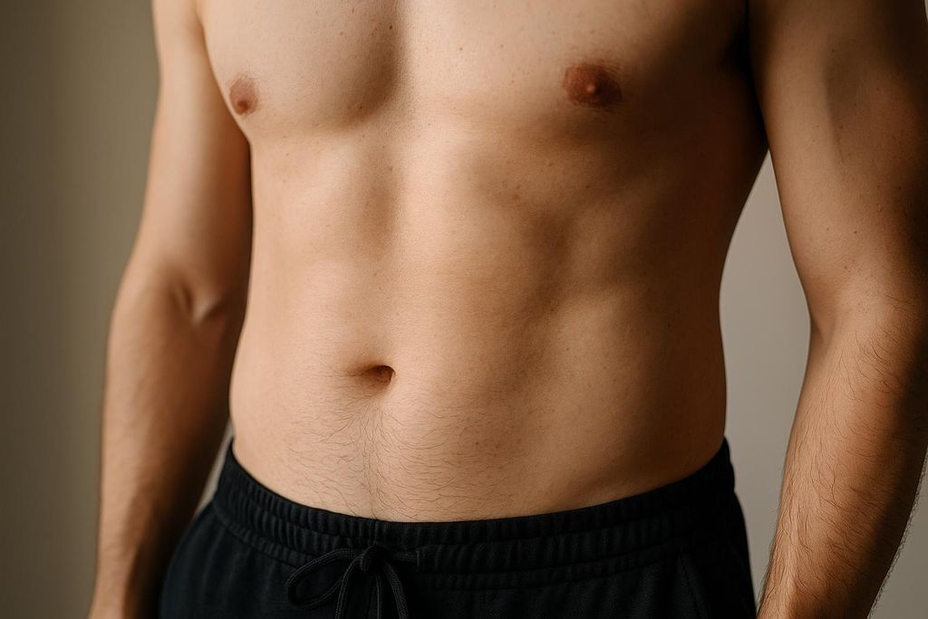 Close-up of a man's upper torso, showing his abdominal muscles and part of his hips and arms.