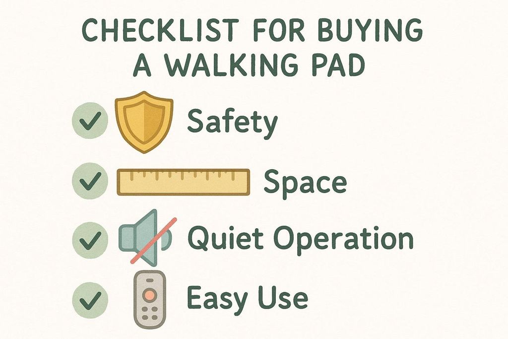 An illustrated checklist titled 'Checklist for Buying a Walking Pad' with four items: Safety (with a shield icon), Space (with a ruler icon), Quiet Operation (with a muted speaker icon), and Easy Use (with a remote control icon). Each item has a green checkmark next to it.