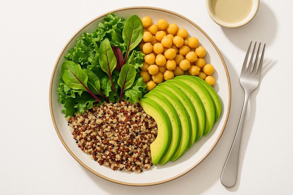 A colorful vegan Buddha bowl features sections of quinoa, chickpeas, sliced avocado, and a mix of green lettuce and red-veined greens. A fork and a small bowl of dressing are next to the plate.