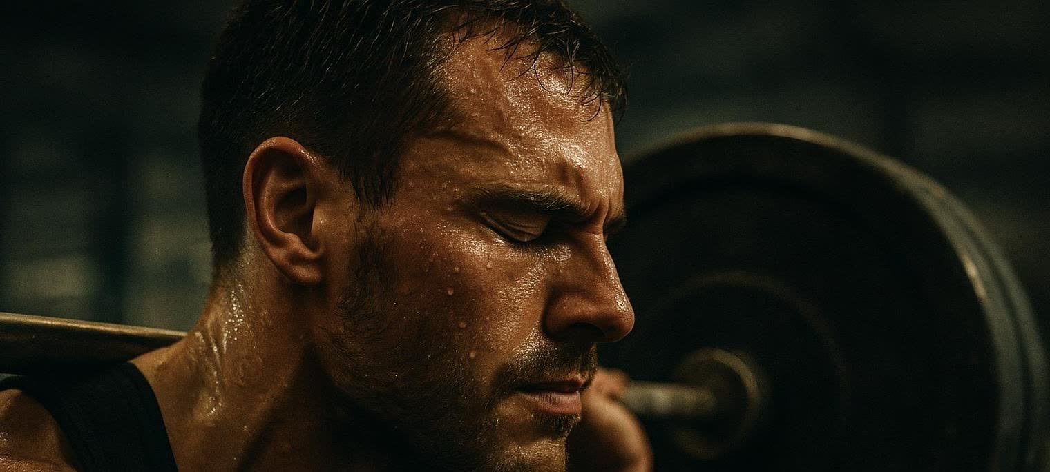 Close-up profile of a man's face, heavily beaded with sweat, showing intense concentration and effort as he lifts weights. His eyes are closed, and his brow is furrowed, indicating deep focus during a strenuous workout.