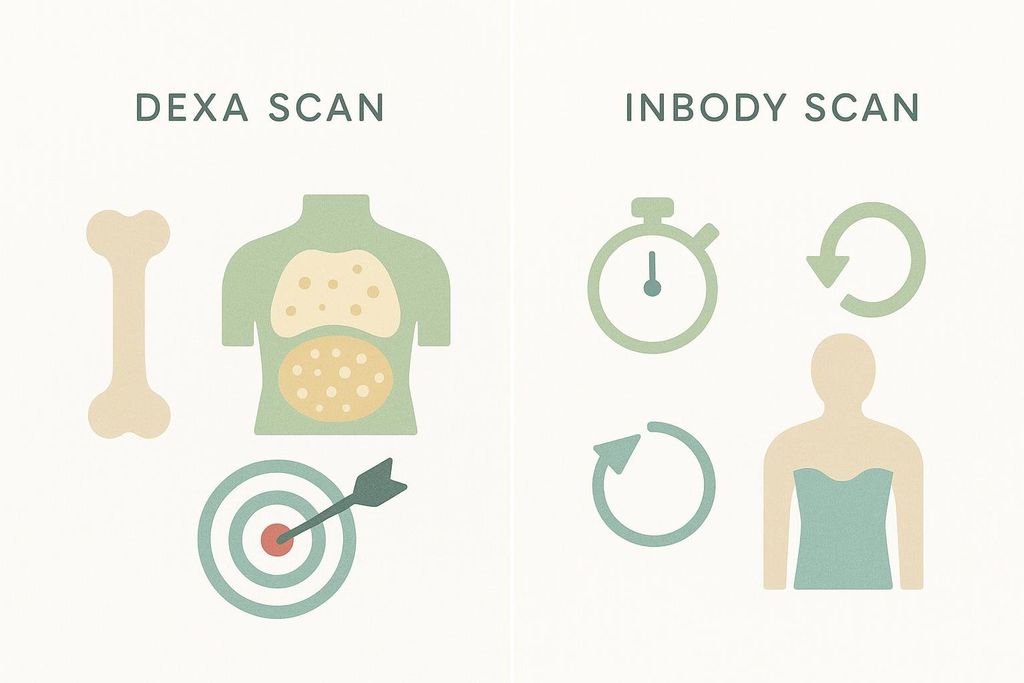 An icon-based comparison showing DEXA's strengths like analyzing bone density and visceral fat accurately, versus InBody's strengths which include faster and more frequent scanning.