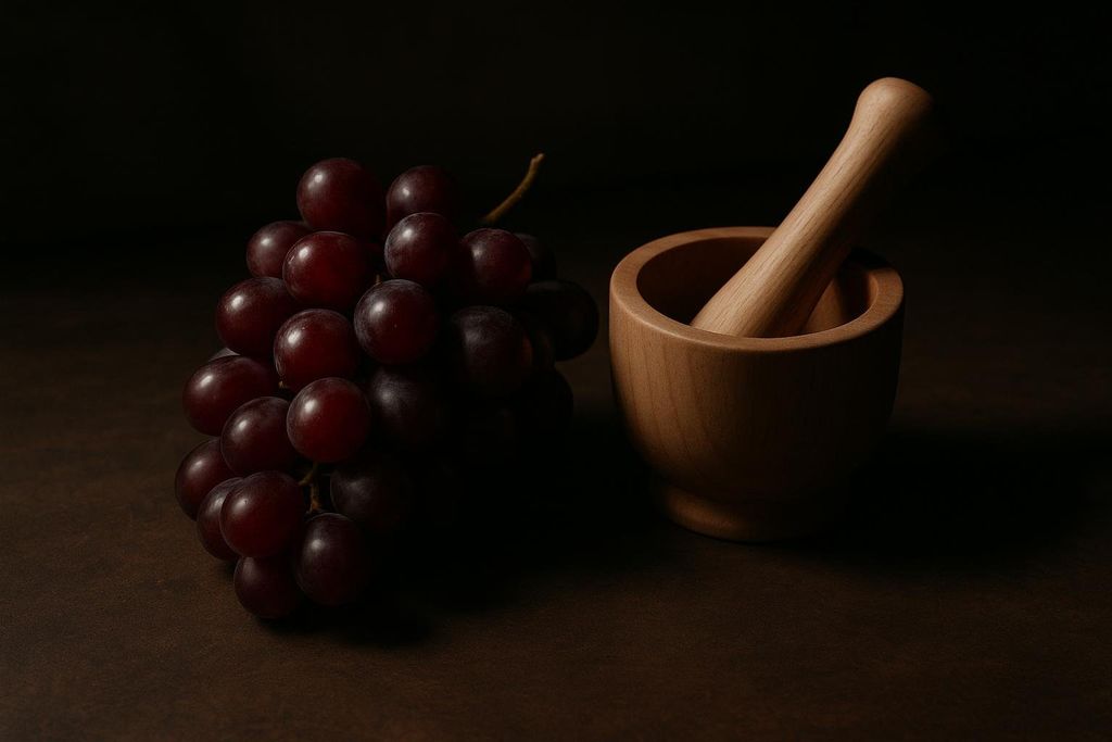 A still life image of dark red grapes next to a light brown wooden mortar and pestle, all set against a dark, low-key background.