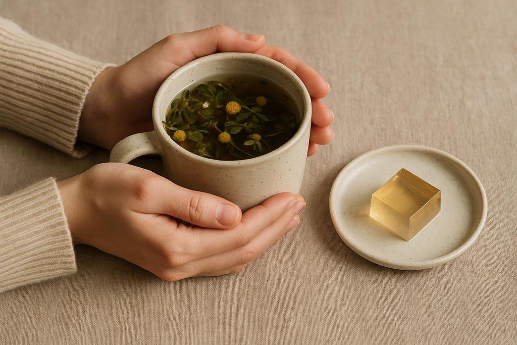 A close-up shot of hands gently holding a ceramic mug filled with herbal tea, featuring green leaves and small yellow flowers. Beside the mug, on a small saucer, rests a translucent golden gelatin cube.