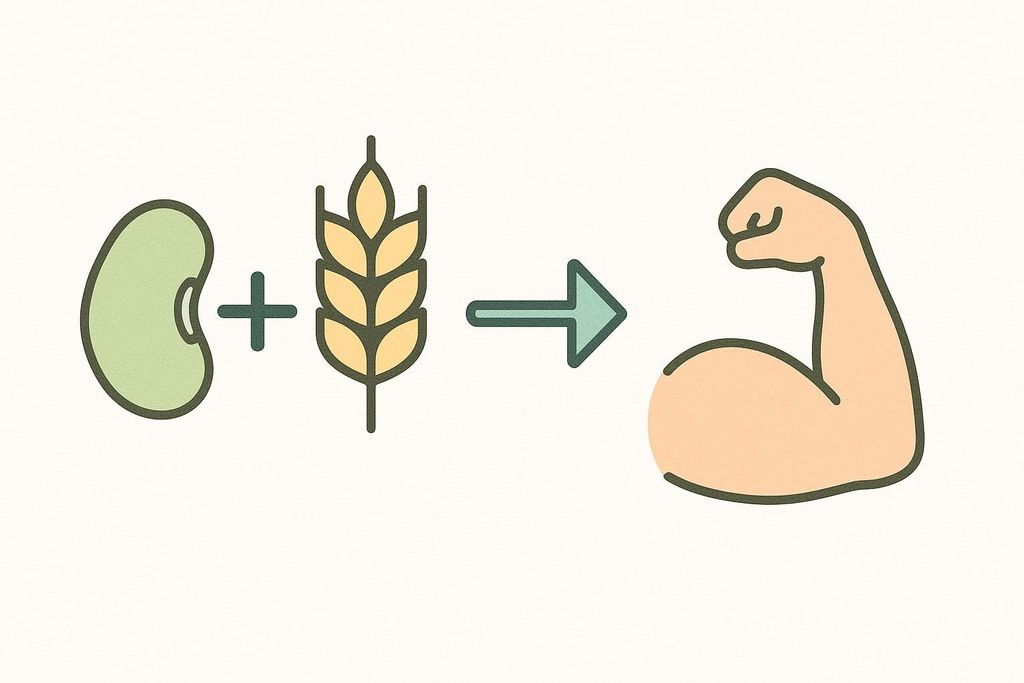 An icon illustrating the benefit of pairing plant proteins. A green bean and a golden wheat stalk are shown with a plus sign between them, pointing with an arrow to a strong bicep muscle.