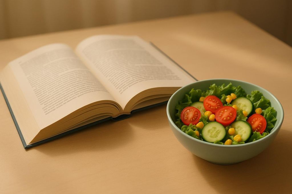An open book with text visible on both pages sits on a light wooden table next to a light blue bowl filled with a fresh salad. The salad contains vibrant green lettuce, sliced red tomatoes, yellow corn kernels, and sliced green cucumbers.