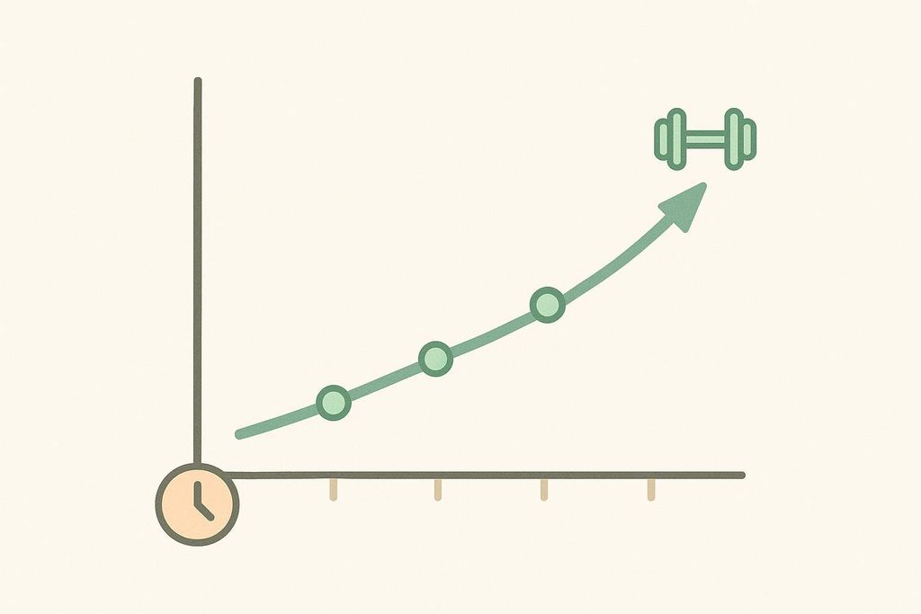 A simple line chart illustrating an upward trend in lean muscle mass over several weeks of training, featuring a clock icon on the x-axis for time and a dumbbell icon at the end of the rising line for muscle.
