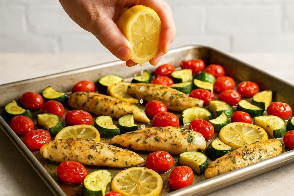 A sheet pan filled with roasted lemon herb chicken and vegetables, with a hand squeezing fresh lemon juice over it.