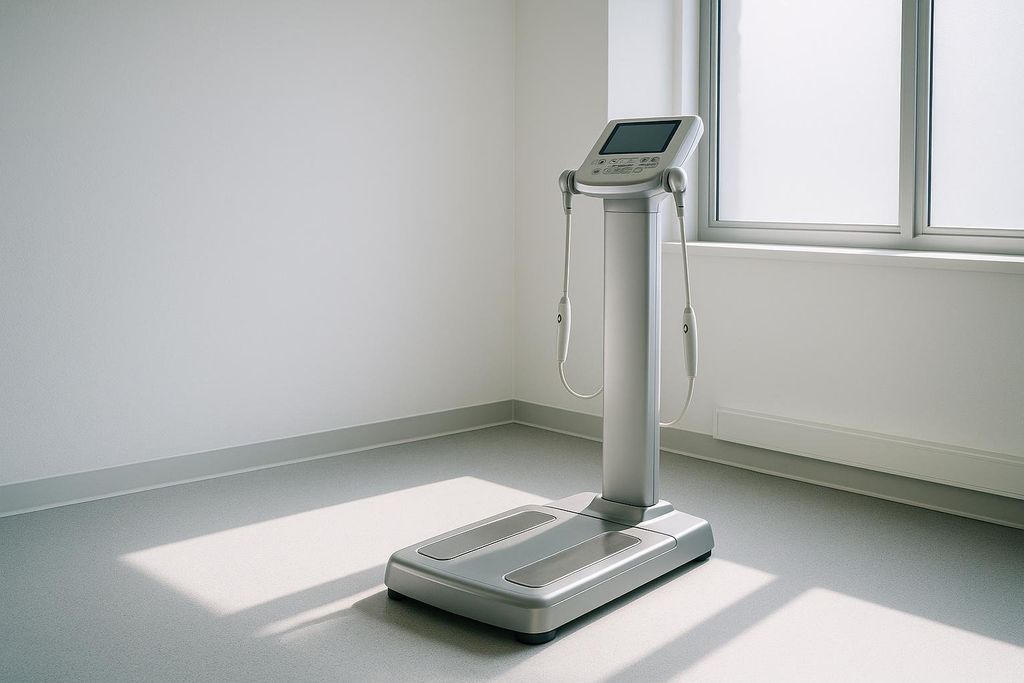 A modern gray body composition analyzer with a display screen and handles stands in a brightly lit, empty room with white walls and a large frosted window. Sunlight streams through the window, casting shadows on the light gray floor.