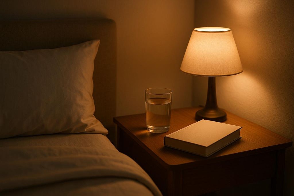 A bedside table with a lamp, a glass of water, and a book.