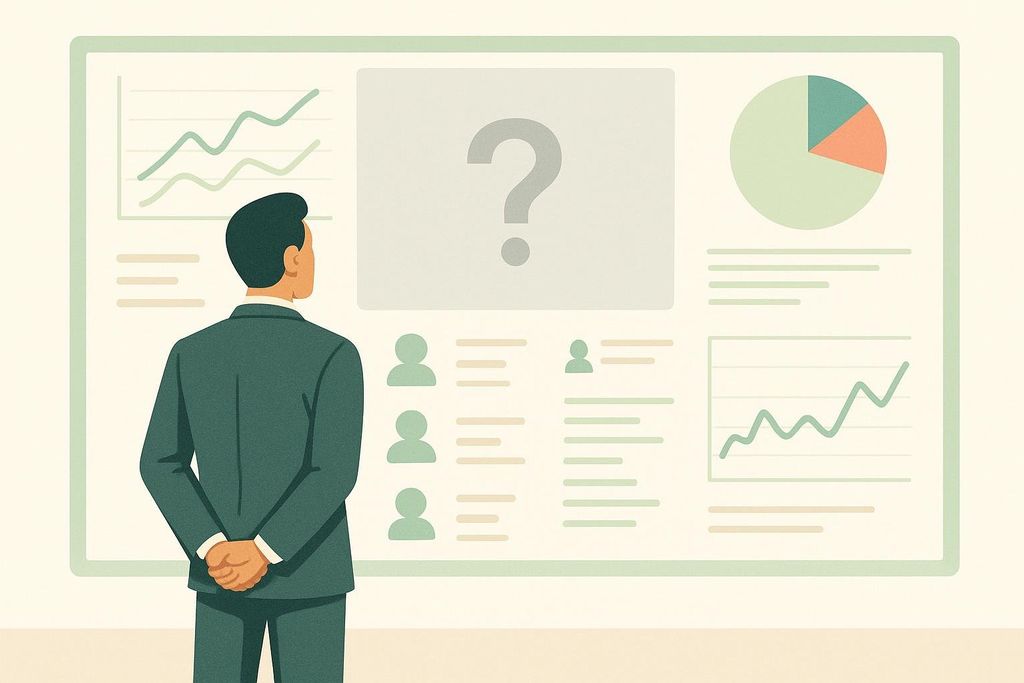 Illustration of a business leader from behind, wearing a suit and standing with hands clasped, looking at a large data dashboard displayed on a screen. The dashboard features graphs, pie charts, and profile icons, but a prominent central section has a large question mark, symbolizing missing or lost data.