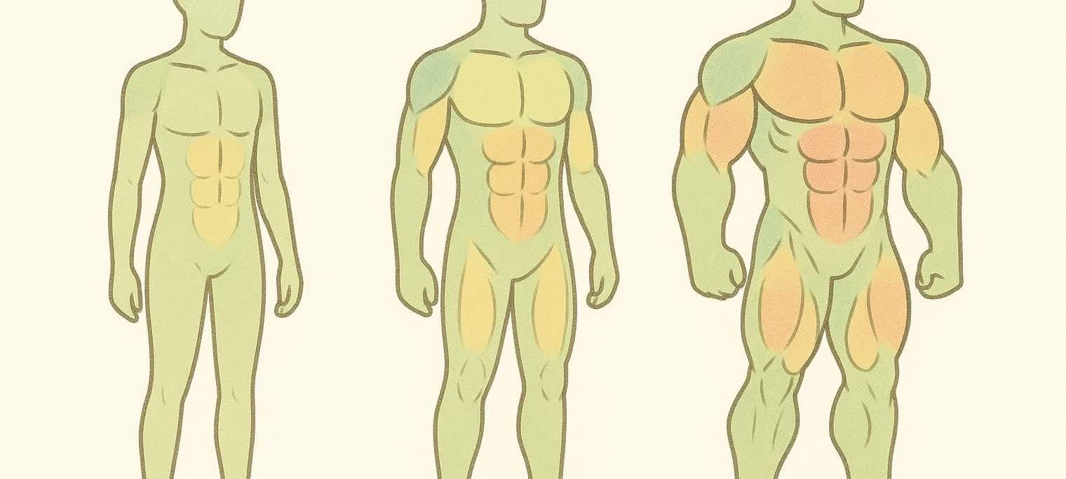 An illustration depicting three progressive stages of muscle growth on a human silhouette, symbolizing the natural development in bodybuilding from a lean physique to a muscular one.