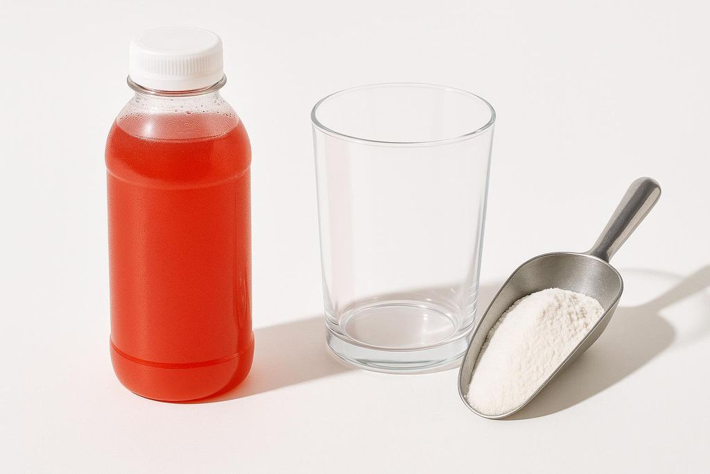 A comparison between a transparent bottle of pink-red protein water and a metal scoop filled with white clear whey isolate powder, with an empty glass cup next to them.