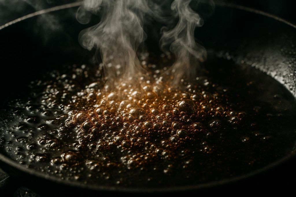 Extreme close-up of dark liquid oil aggressively bubbling and producing smoke in a hot frying pan.