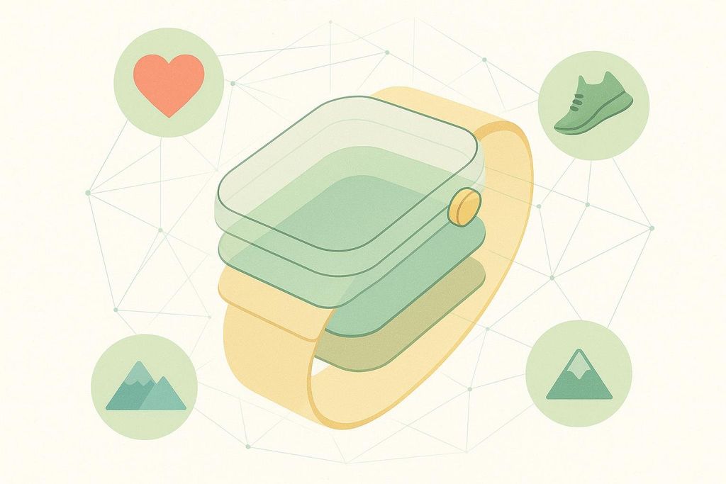 An illustration showing a smartwatch with transparent layers representing its sensors, surrounded by icons for different activity types like a heart for health tracking, a shoe for fitness, and mountains for outdoor activities. The icons are connected to the watch by faint lines, illustrating the mapping of sensors to activities.