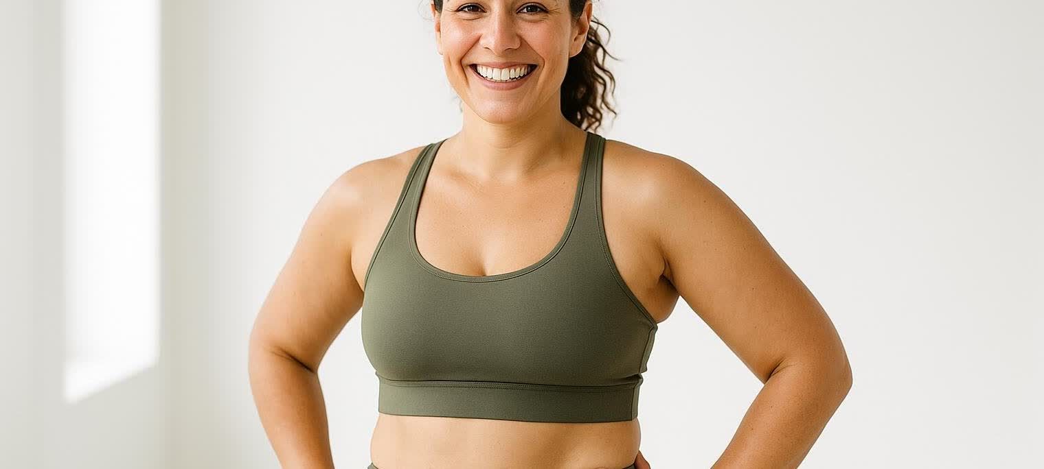 A confident woman with an average body type, smiling, representing a positive approach to health. She is wearing an olive-green sports bra.