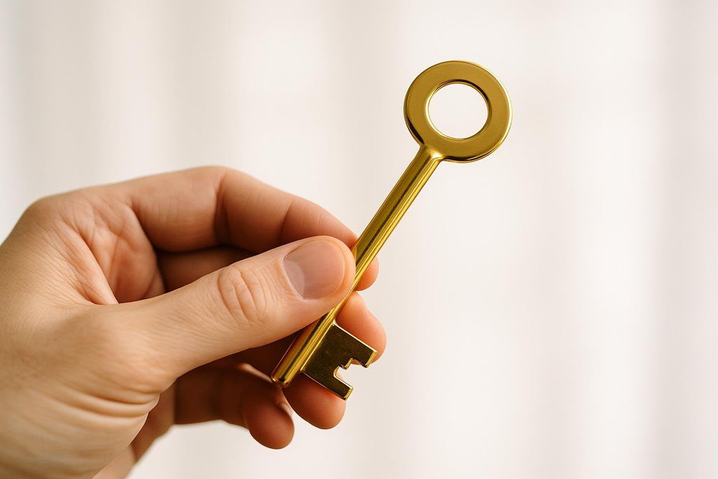 A close-up of a hand gently holding a shining golden key against a clean, light background. The key, with a minimalist design, extends diagonally from the hand, its circular top and simple teeth clearly visible.