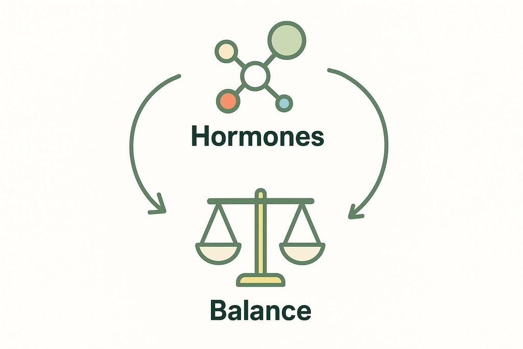 A diagram illustrating hormone balance. At the top, colorful connected circles represent 'Hormones', with an arrow curving down to a classic balance scale icon at the bottom. Below the scale is the word 'Balance'. Another arrow curves from the scale back up to 'Hormones', forming a continuous loop.