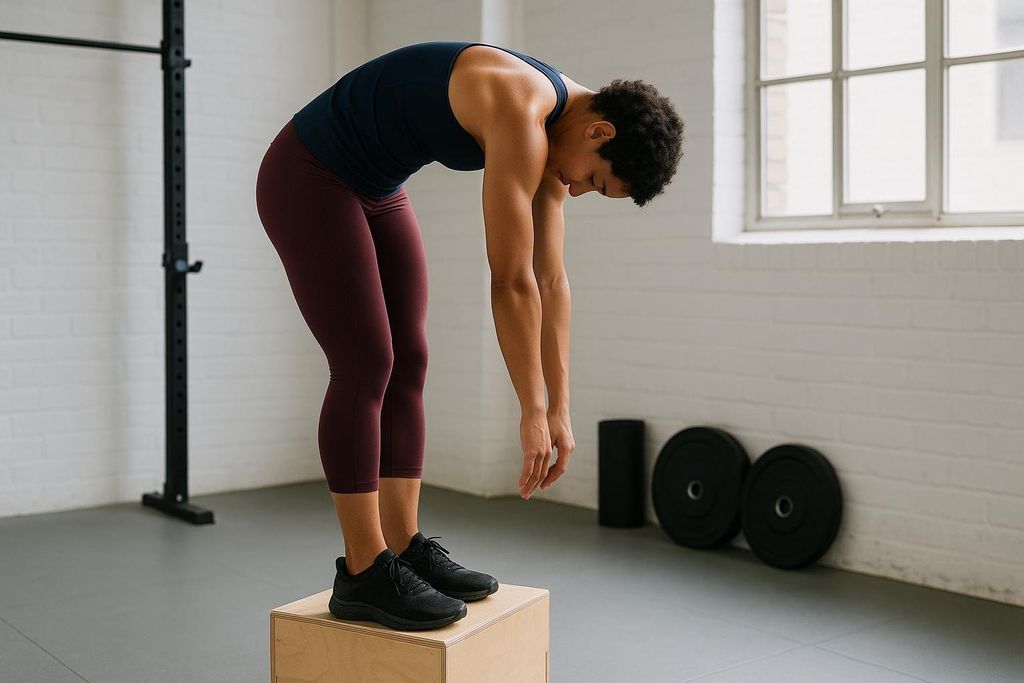 A person with short, curly hair, wearing a dark blue tank top and maroon leggings, stands on a wooden box in a gym. They are bent forward at the waist with their arms hanging loosely towards the floor. In the background, there's a white brick wall, a window, a squat rack, and weight plates.