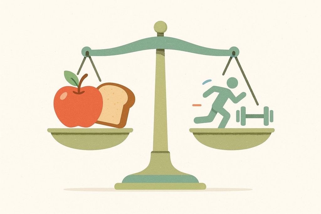 An illustration of a balance scale showing food (an apple and a slice of bread) on the left side and exercise icons (a running figure and a dumbbell) on the right side. The scale is tilted down on the right, indicating more calorie burn than intake, suggesting a calorie deficit.