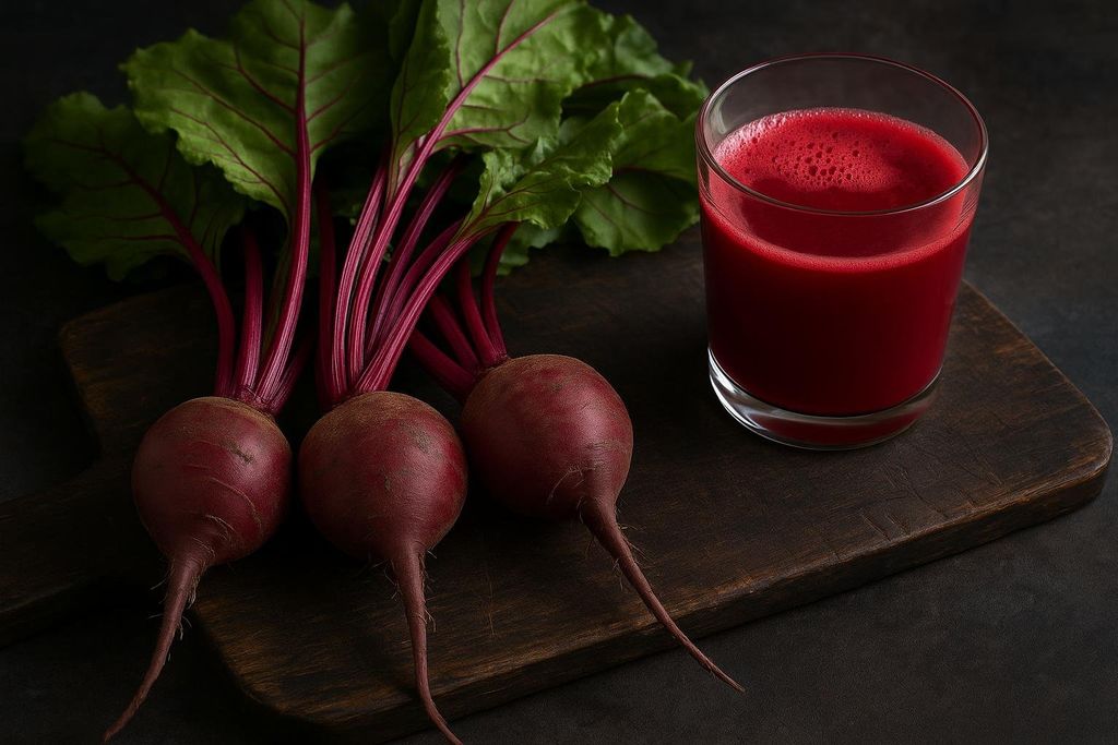 Three fresh whole beets with their green tops and red stems, alongside a glass of vibrant red beet juice, all resting on a dark wooden cutting board.