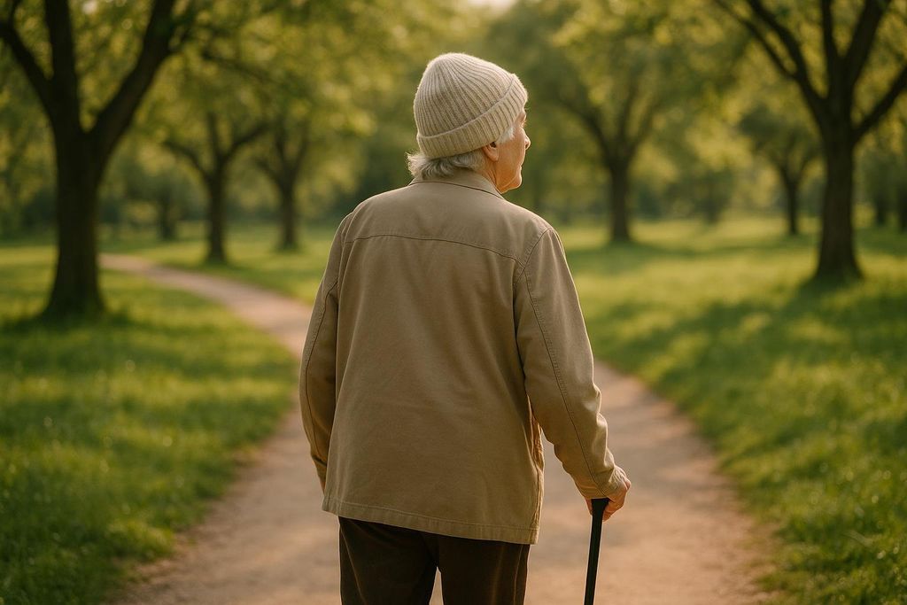 Senior individual walking outdoors, prioritizing mobility and independence