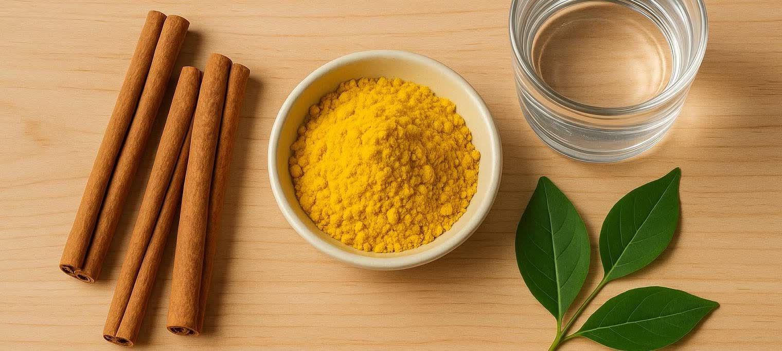 A flat lay on a light wooden surface featuring cinnamon sticks, a bowl of bright yellow turmeric powder, a glass of water, and a sprig of green leaves.
