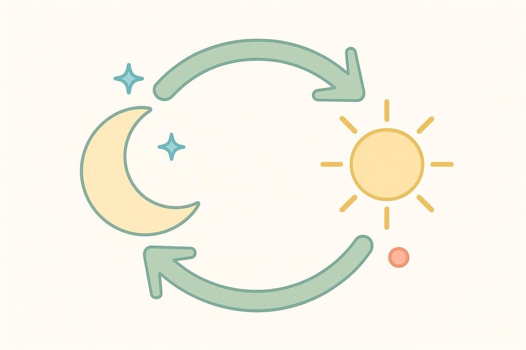 An icon depicting the sleep-wake cycle with a looping arrow connecting a moon and stars on the left to a sun on the right, symbolizing a regular schedule.