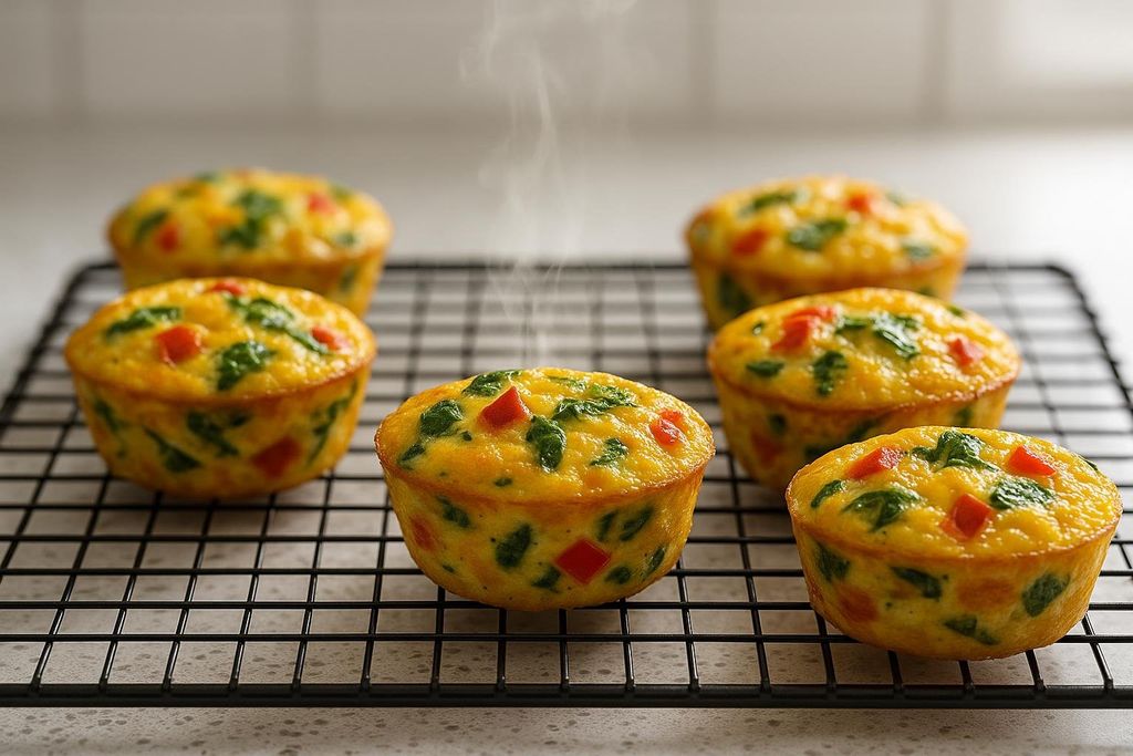 Golden-brown veggie and egg muffins, with visible pieces of red bell pepper and spinach, cooling on a black wire rack after being baked. Steam rises from one of the muffins.
