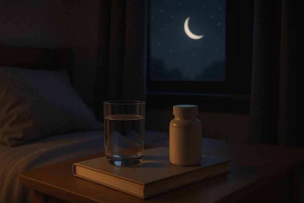A calm bedside scene at night with a book, a glass of water, and a supplement bottle on a nightstand, suggesting preparation for better sleep with magnesium. A crescent moon is visible outside the window.
