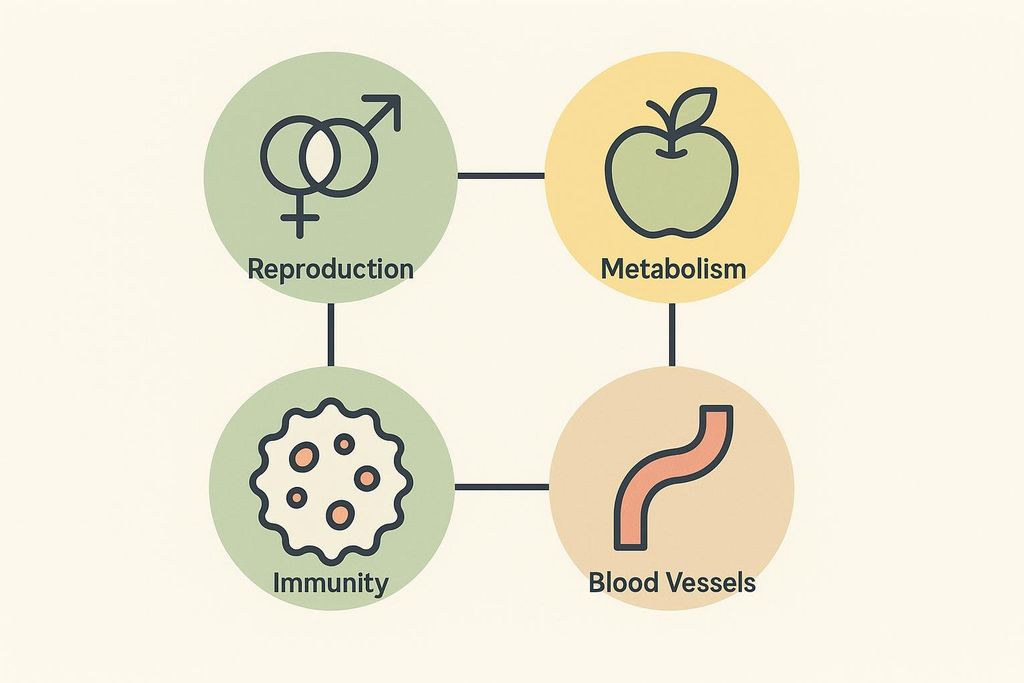 An infographic displaying four icons, each representing a key role of prolactin: reproduction, metabolism, immunity, and blood vessels. The reproduction icon shows male and female symbols, metabolism shows an apple, immunity shows a cell-like shape, and blood vessels shows a curved tube.