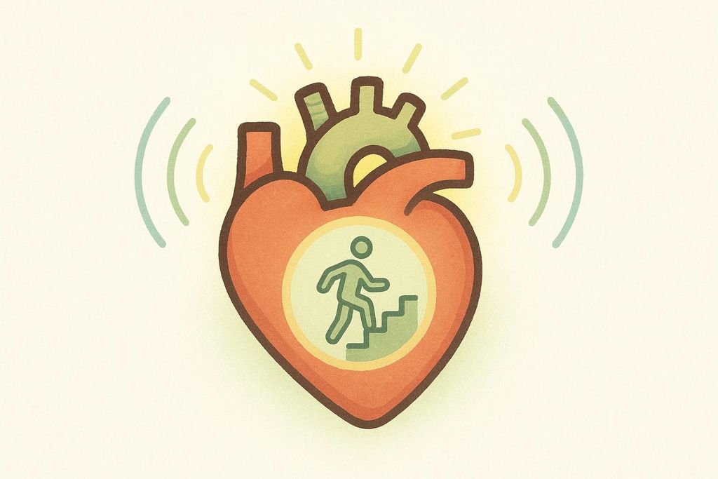 An illustration of a vibrant, healthy heart glowing with a person climbing stairs inside, signifying cardiovascular conditioning and heart health.
