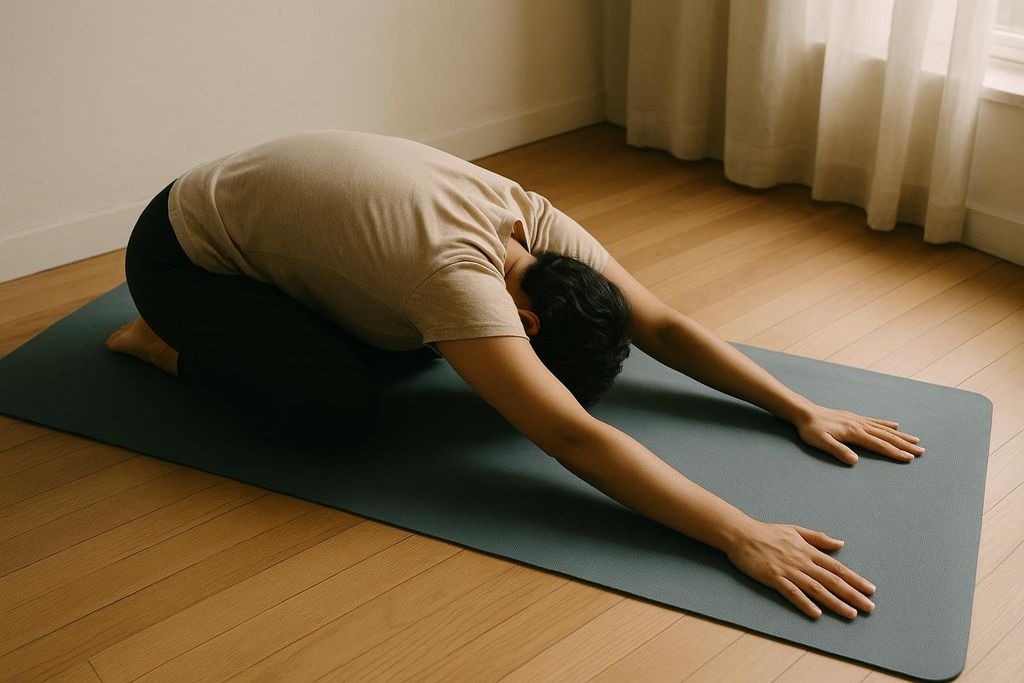 A person on a yoga mat in Child's Pose, with their head lowered to the mat and arms extended forward, demonstrating a relaxing resting yoga position.