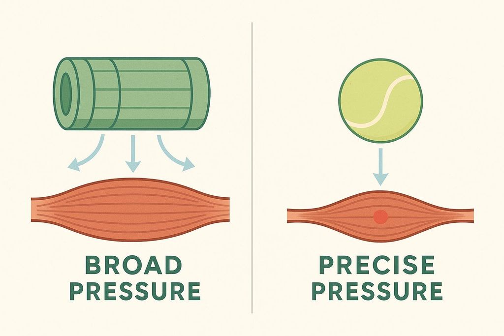 An illustration comparing muscle recovery techniques. On the left, a green foam roller applies broad pressure across a red muscle. On the right, a yellow tennis ball applies precise pressure to a specific point on another red muscle.