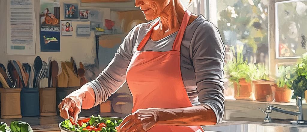 A woman in a coral apron adds diced bell peppers to a bowl of salad.