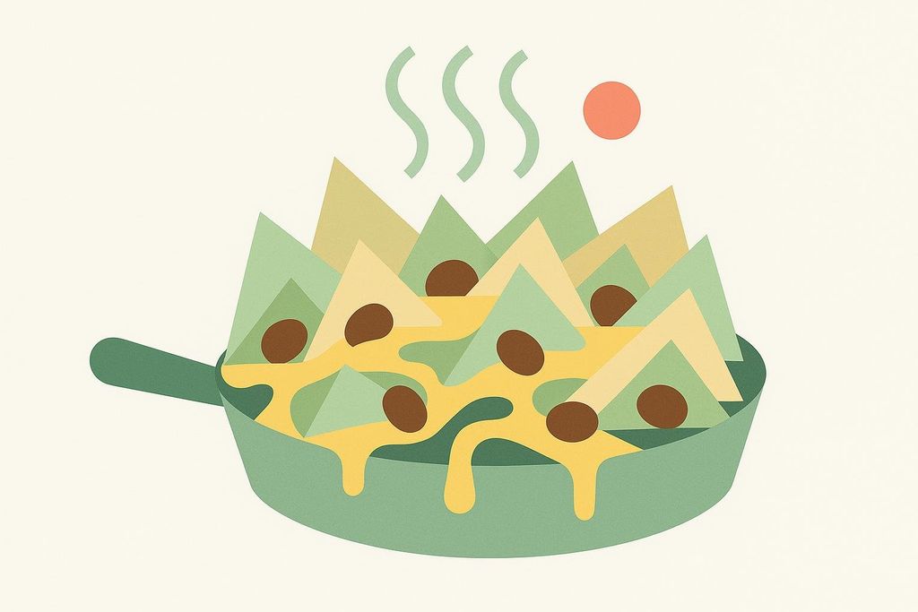 An abstract illustration of vegetarian nachos in a green pan, with melted yellow cheese over tortilla chips and brown beans. Green wavy lines above suggest steam, and a small red circle is in the upper right.