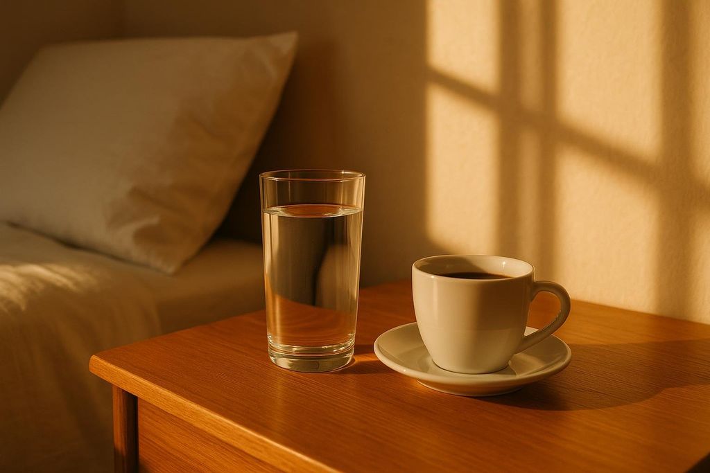 A close-up of a bedside table in morning light showing a glass of water and a white coffee cup with saucer. Sunlight casts window-like shadows on the wall behind.