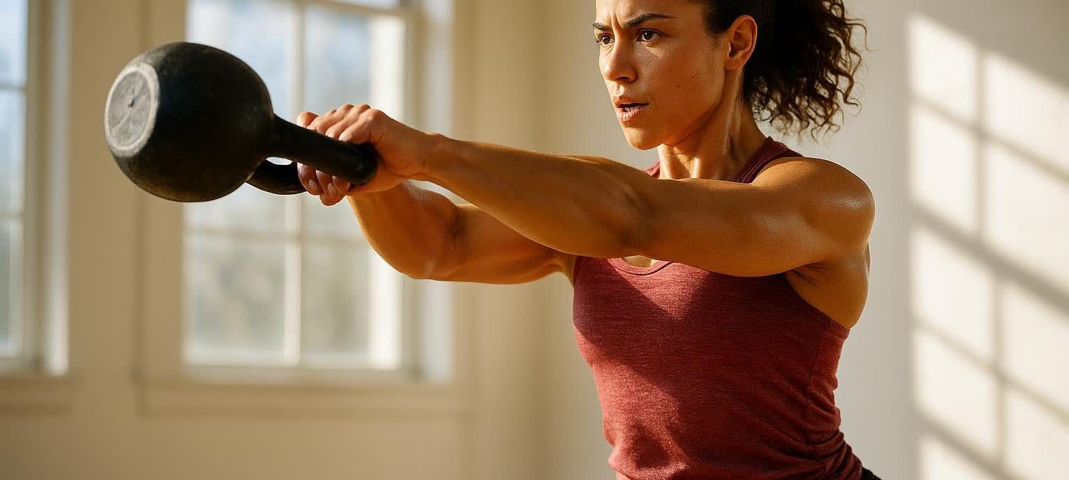 An athlete performing a kettlebell swing with focused effort and a backdrop of sunbathed walls.
