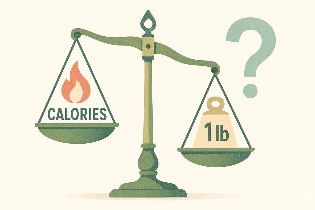 An illustration of a balance scale. On the left pan is a flame icon with the word 'CALORIES' below it. On the right pan is a weight labeled '1 lb'. A large question mark floats above the right side of the scale, suggesting uncertainty or an imperfect relationship between calories and one pound of fat.