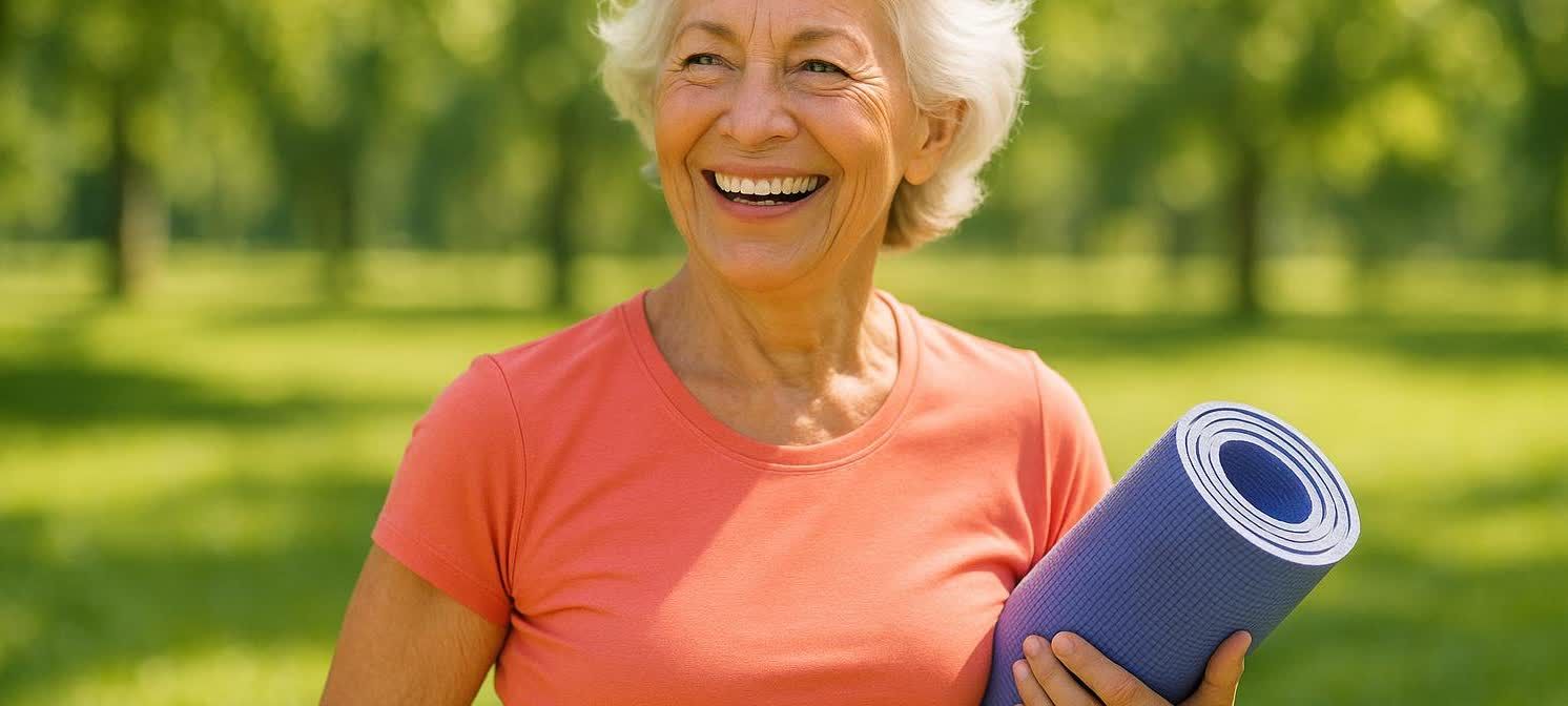 An active, healthy senior woman with white hair smiling in a park, holding a blue yoga mat. She is wearing a salmon-colored t-shirt.