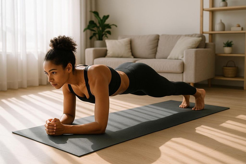 A fit woman with dark curly hair in a top bun and black athletic wear holds an elbow plank on a gray yoga mat in a sunny living room.