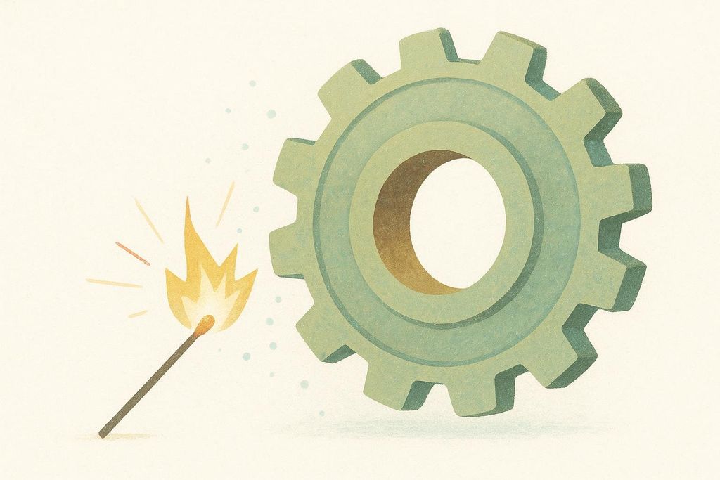Illustration of a lit matchstick with a large flame, positioned to spark a light green gear, symbolizing a catalyst or new beginning. Small light blue dots float between the match and the gear.