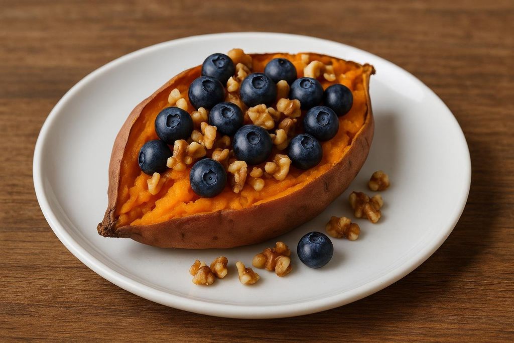 A roasted sweet potato, split open and filled with mashed sweet potato, topped with fresh blueberries and chopped walnuts. It is served on a white plate on a wooden surface.
