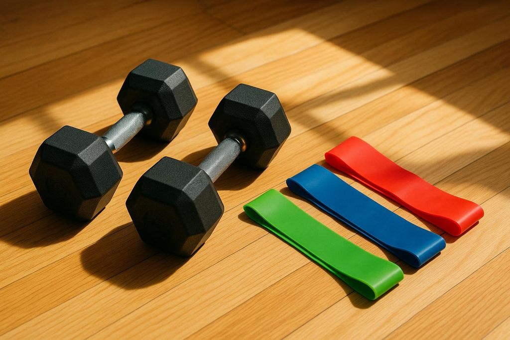 Two black dumbbells and three colorful resistance bands (green, blue, red) are neatly laid out on a light wooden floor, with sunlight casting shadows across the surface.